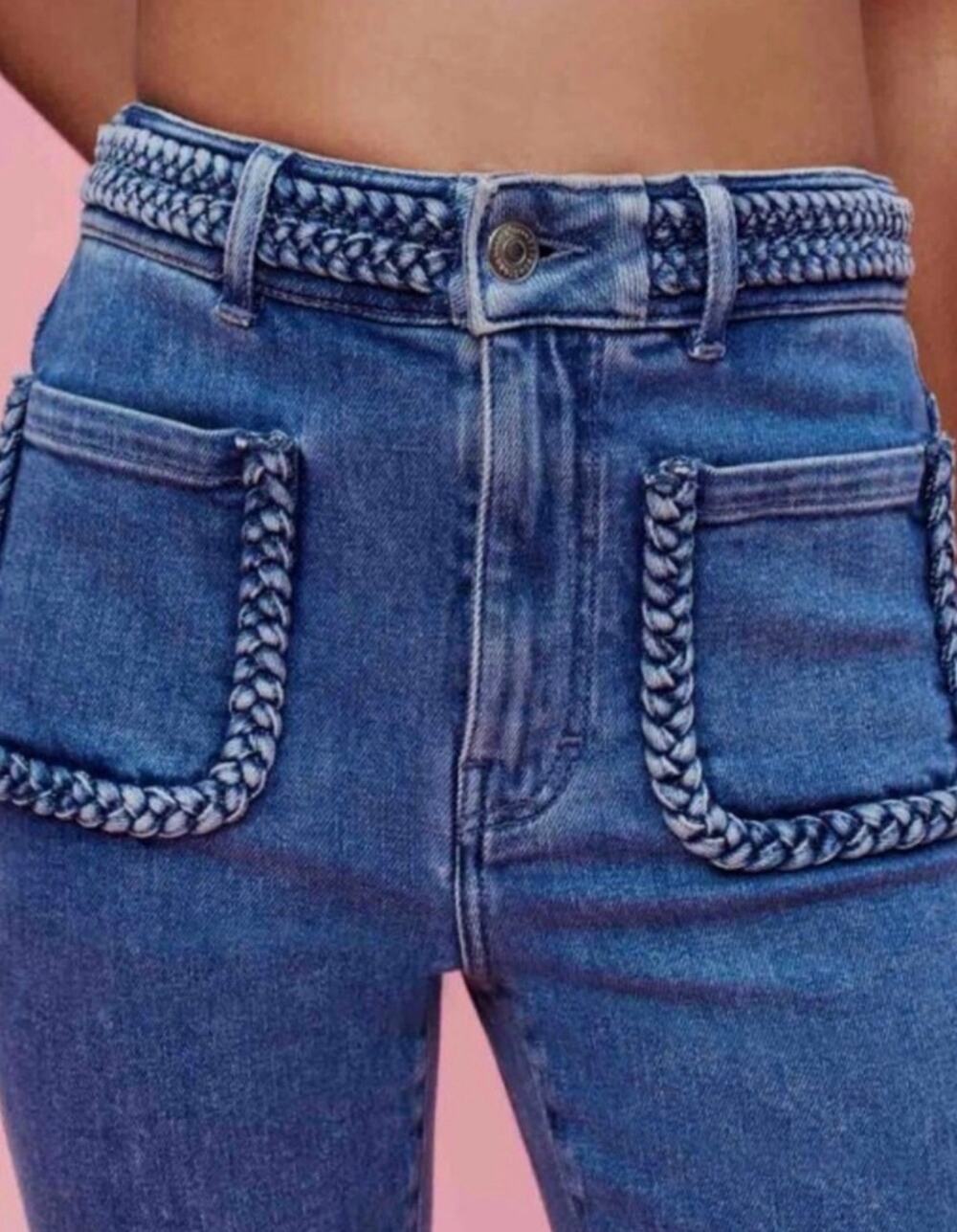 Maje Paris Braided Trim Straight Leg Jeans Blue Stretch Denim Women's US 6